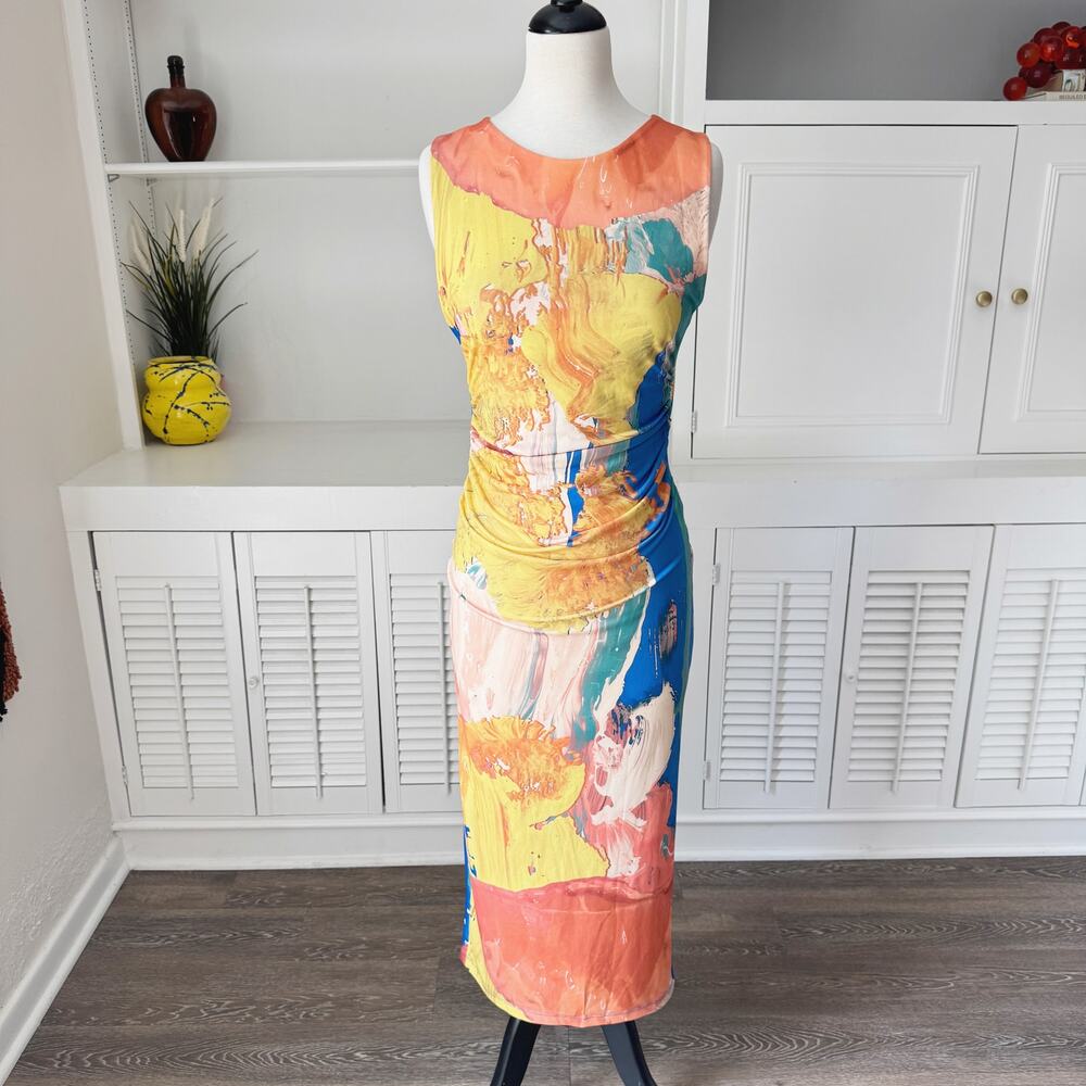 Zara Abstract Paint Printed Gathered Fitted Midi Dress Size S